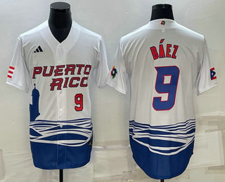 Men%27s Puerto Rico Baseball #9 Javier Baez Number White 2023 World Baseball Classic Stitched Jersey